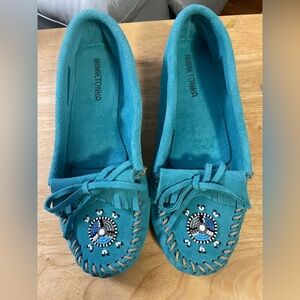 Minnetonka Teal Moccasins with Beaded Design